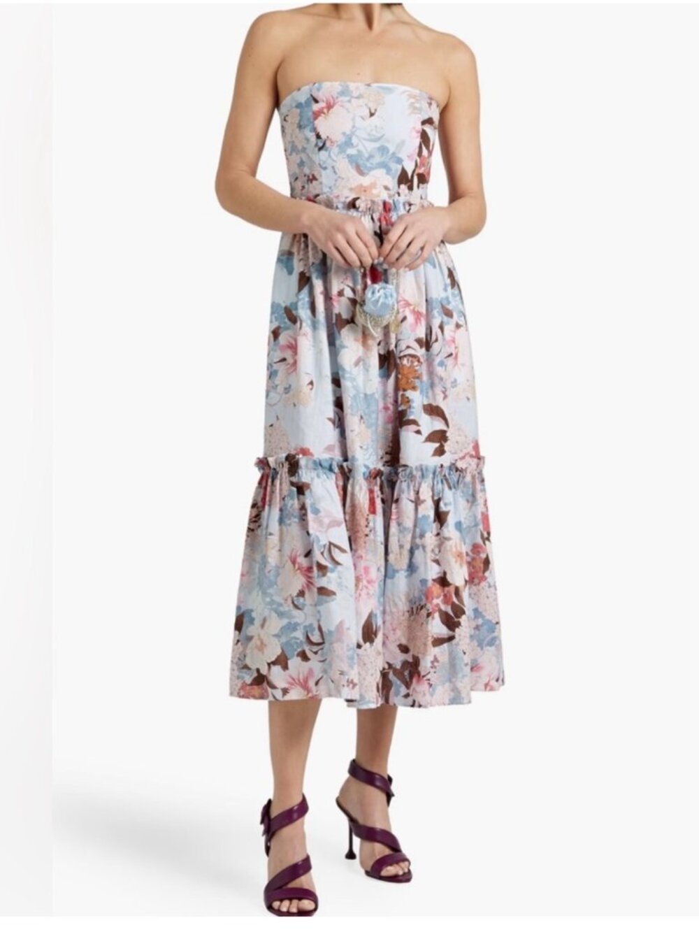 Cara Cara NWT Torres Strapless Midi Dress -- Japanese Floral Blue/Multi